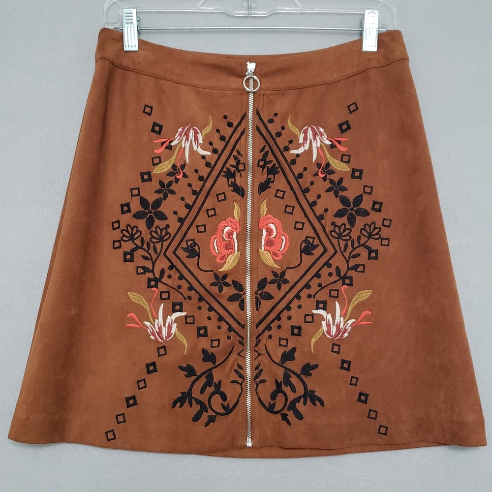 THML M Mini Skirt Brown Faux Suede Embroidered Floral Boho Western Festival Chic